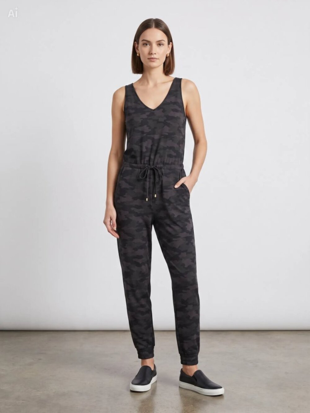 Charcoal Grey Camo Sleeveless Jogger Jumpsuit Tie Waist Back Zipper